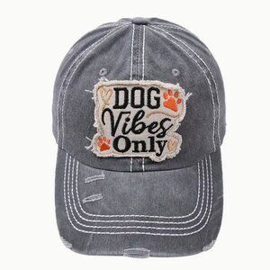 "Dog Vibes Only" Distressed Embroidered Baseball Cap in Grey